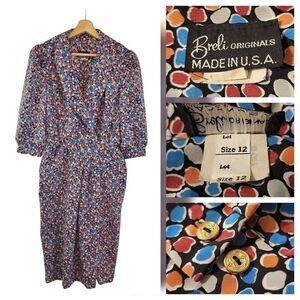 Breli‎ Originals Vintage Midi Dress Women Sz 12 Faux Wrap USA Multicolor